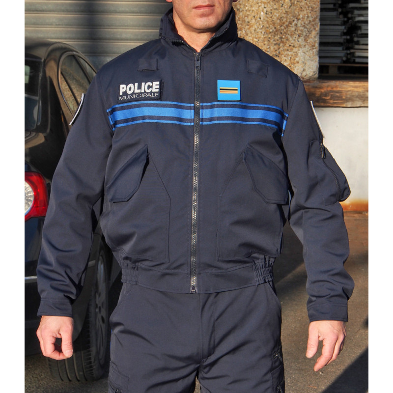 blouson microporeux, doublure en softshell, capuche col, bande gitane police municipale