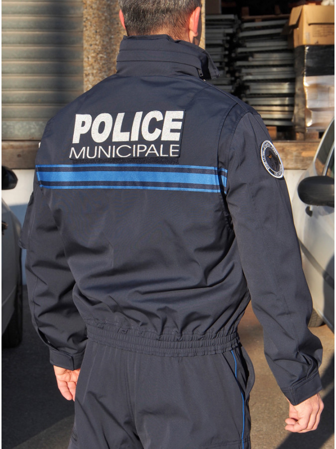 blouson microporeux, doublure en softshell, capuche col, bande gitane police municipale
